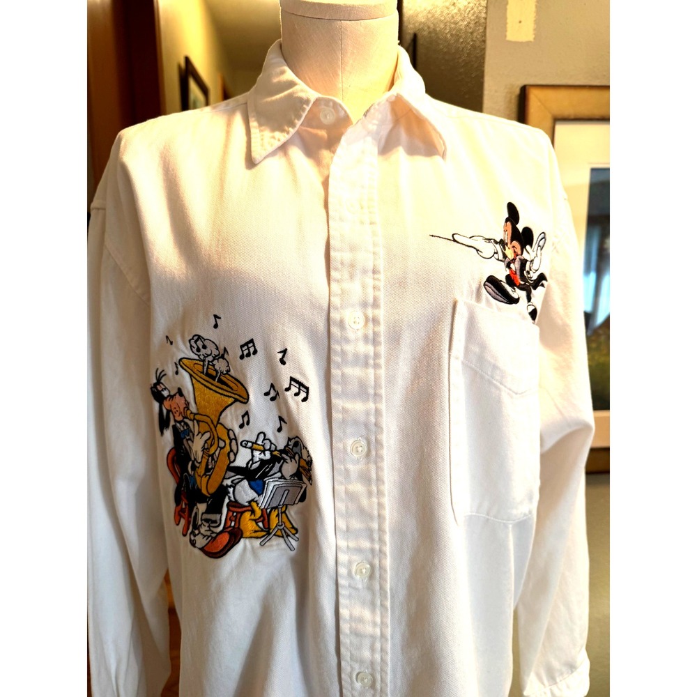 Mickey Inc Embroidered White Cotton Button-Down Shirt w/ Pockets Mickey Goofey M